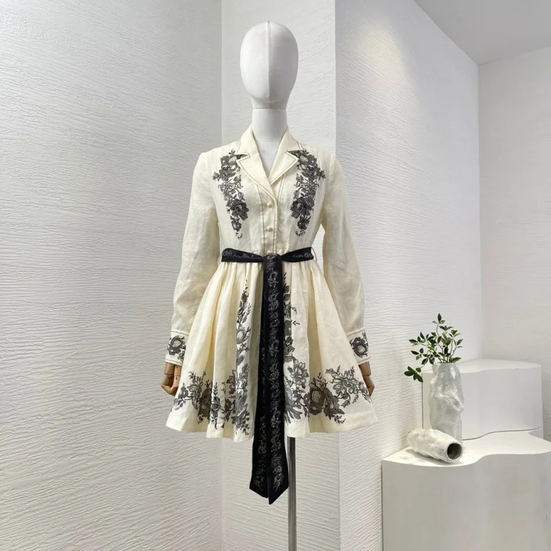 White floral linen 2025 new summer women high quality print long sleeve shirt pleat mini dress