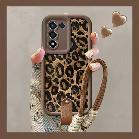 Case for Samsung S25 S24 S23 S22 S21 Plus Ultra S20 FE A50 05 10 11 03 30 20 Leopard Red Lips Strap Wrist Chain Lanyard Cover