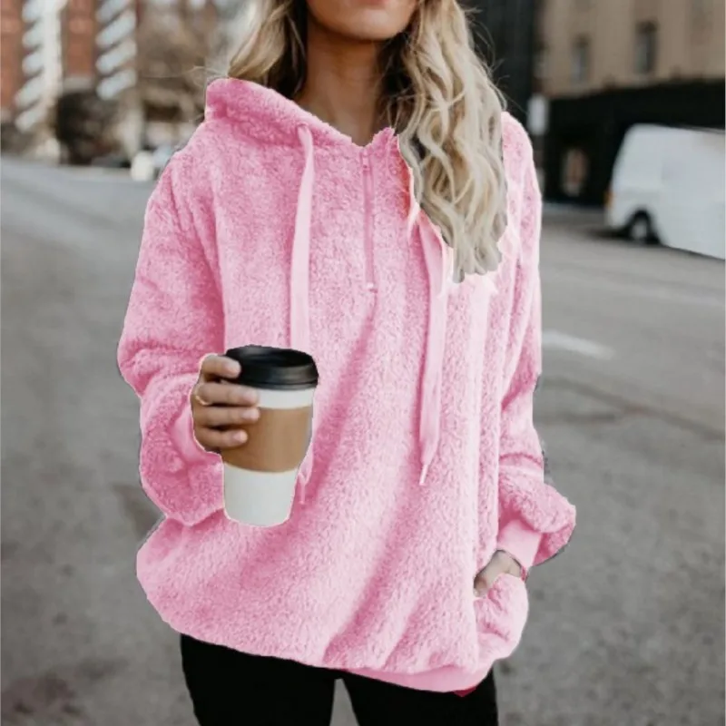 

Autumn Winter New Hoodies Long Sleeve Sweatshirt Coat Women's Casual Zipper Neck Woman Fluffy Loose Fleece Hooded Outerwear