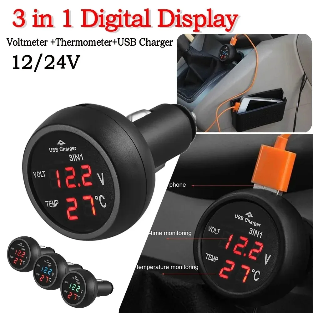 3 in 1 12/24V Car Volt Meter Auto Digital LED Car Voltmeter Thermometer Car Truck USB Charger Current Meter Volt Detector