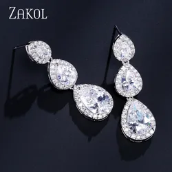 ZAKOL Fashion Water Drop Cubic Zirconia Long Dangle Earrings For Women Bridal Wedding Party Crystal Jewelry EP2208
