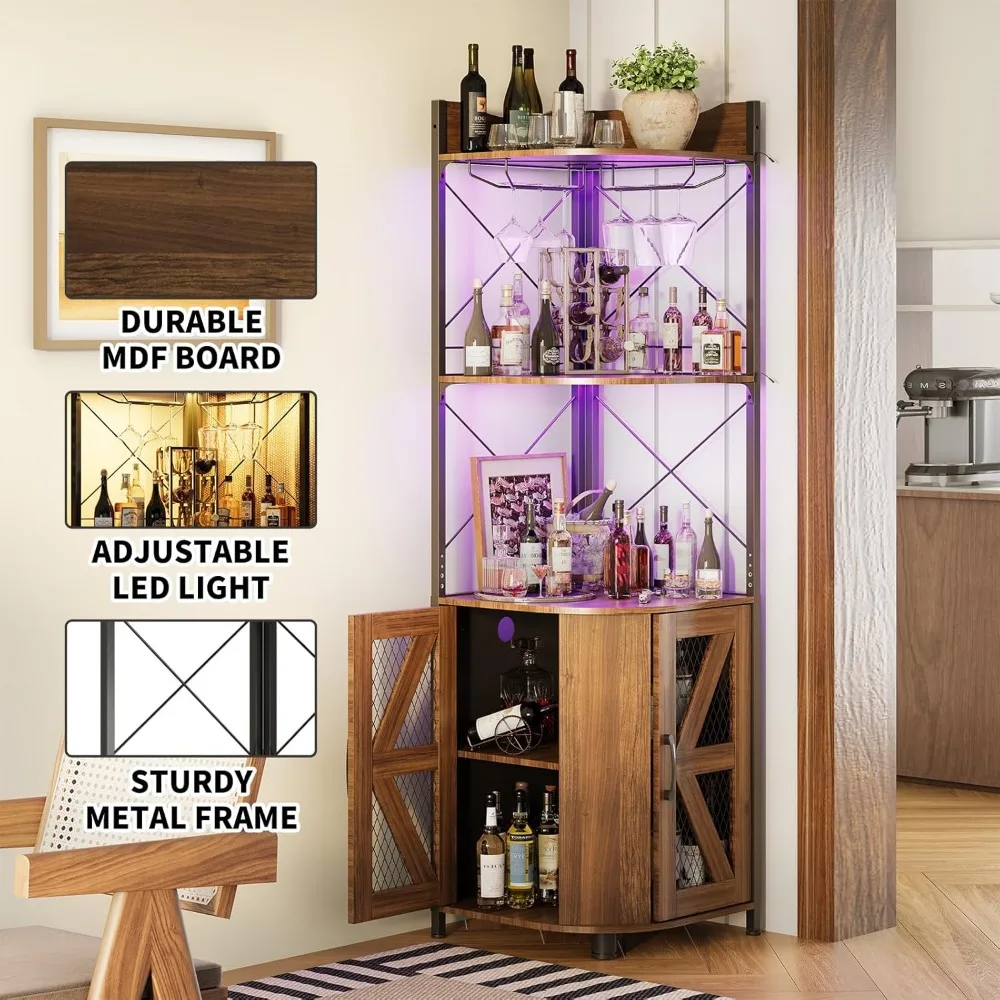 Corner bar cabinet with LED light and power outlet, 63 ", 5 level industrial bar cabinet with glass holder