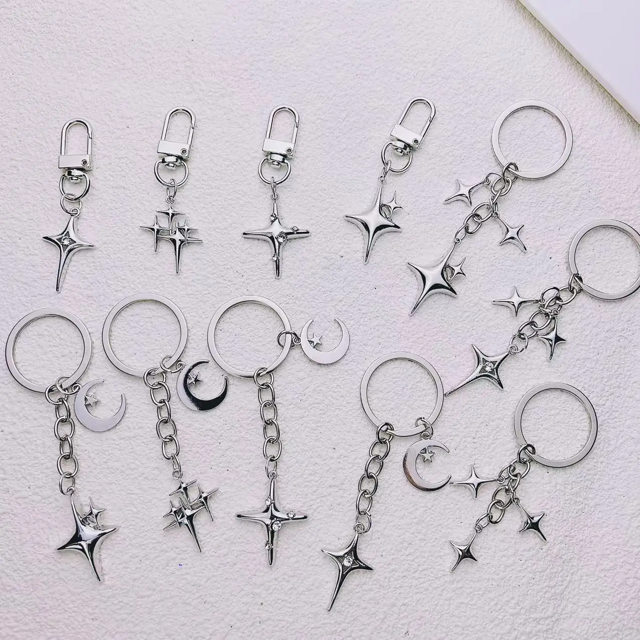 Colorful Crystal Heart Keychain Sliver Four-pointed Star Moon Combination Pendant Keyring Bag Decortion Y2k Accessories Jewelry