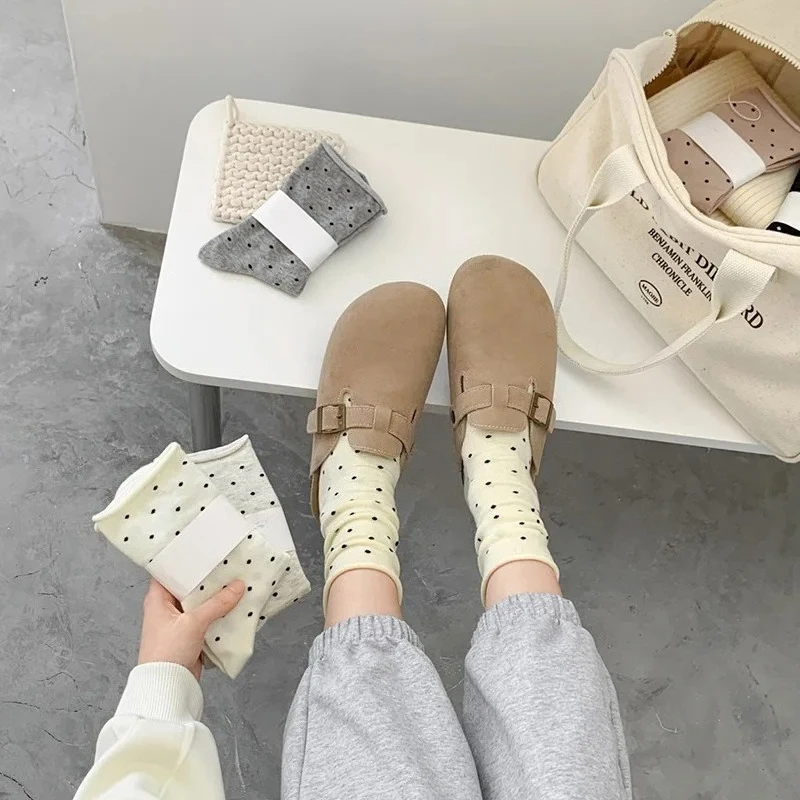Women's Cream Polka Dot Socks – 1-6 Pairs Vintage-Style Mid-Calf Socks, Curl Top, Lightweight for Spring & Summer