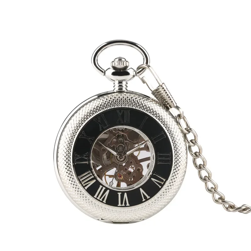 Silver Men's Pocket Watch Mechanical Hand Winding Watches Roman Numerals Display Half Hunter Skeleton Clock Pendant Chain Gift