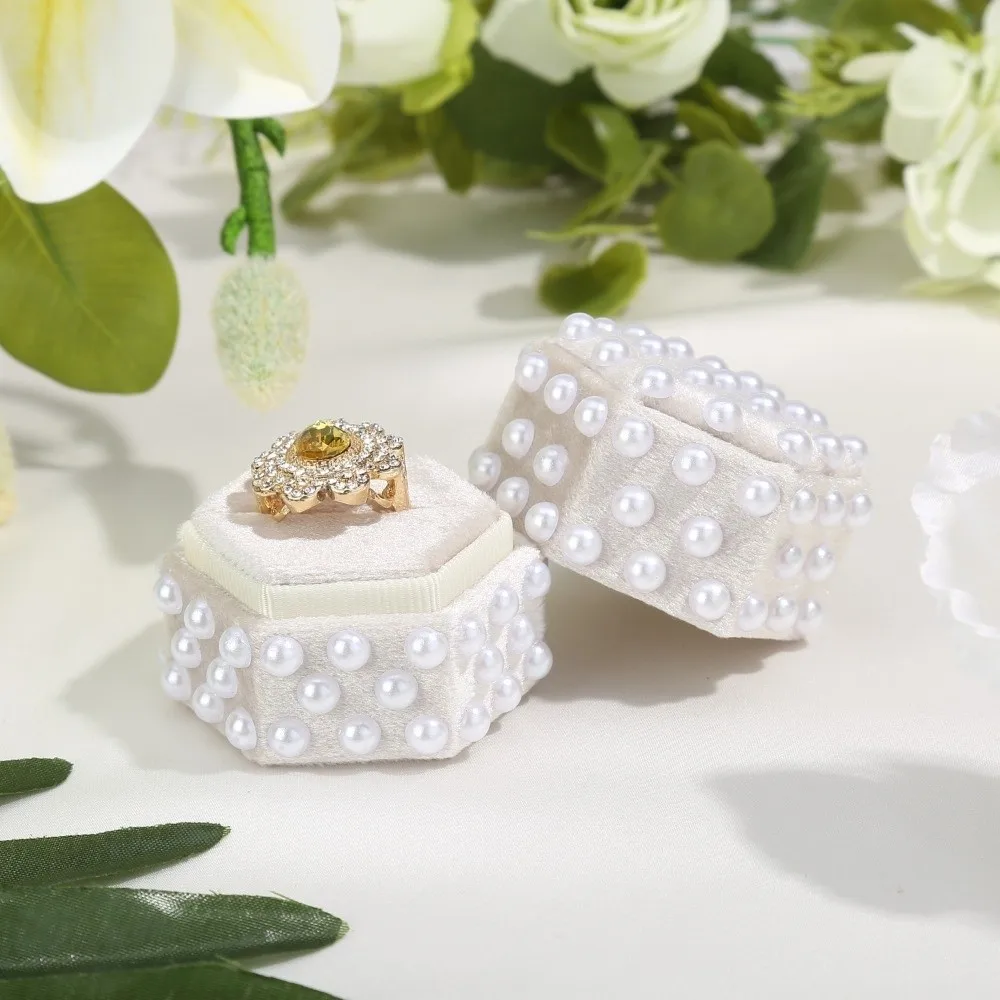 Pearl Velvet Ring Box 2/3 Slots with Detachable Lid Elegant Jewelry Box Wedding Decor Hexagon Ring Gift Box for Wedding Ceremony