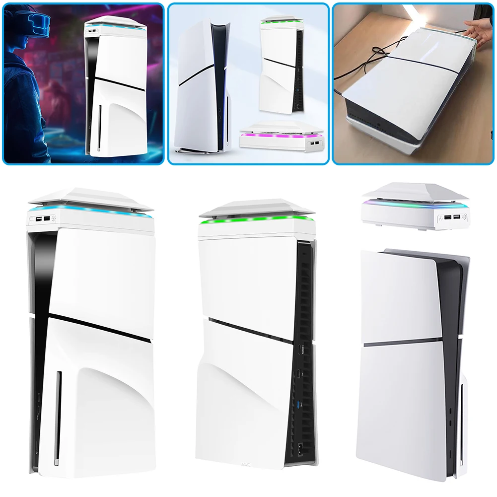 Console Cooling Fan with Dust Cover LED Light 2 USB Port Upper RGB Cooling Fan Adjustable Fan for PS5 Slim Console Disc/Digital