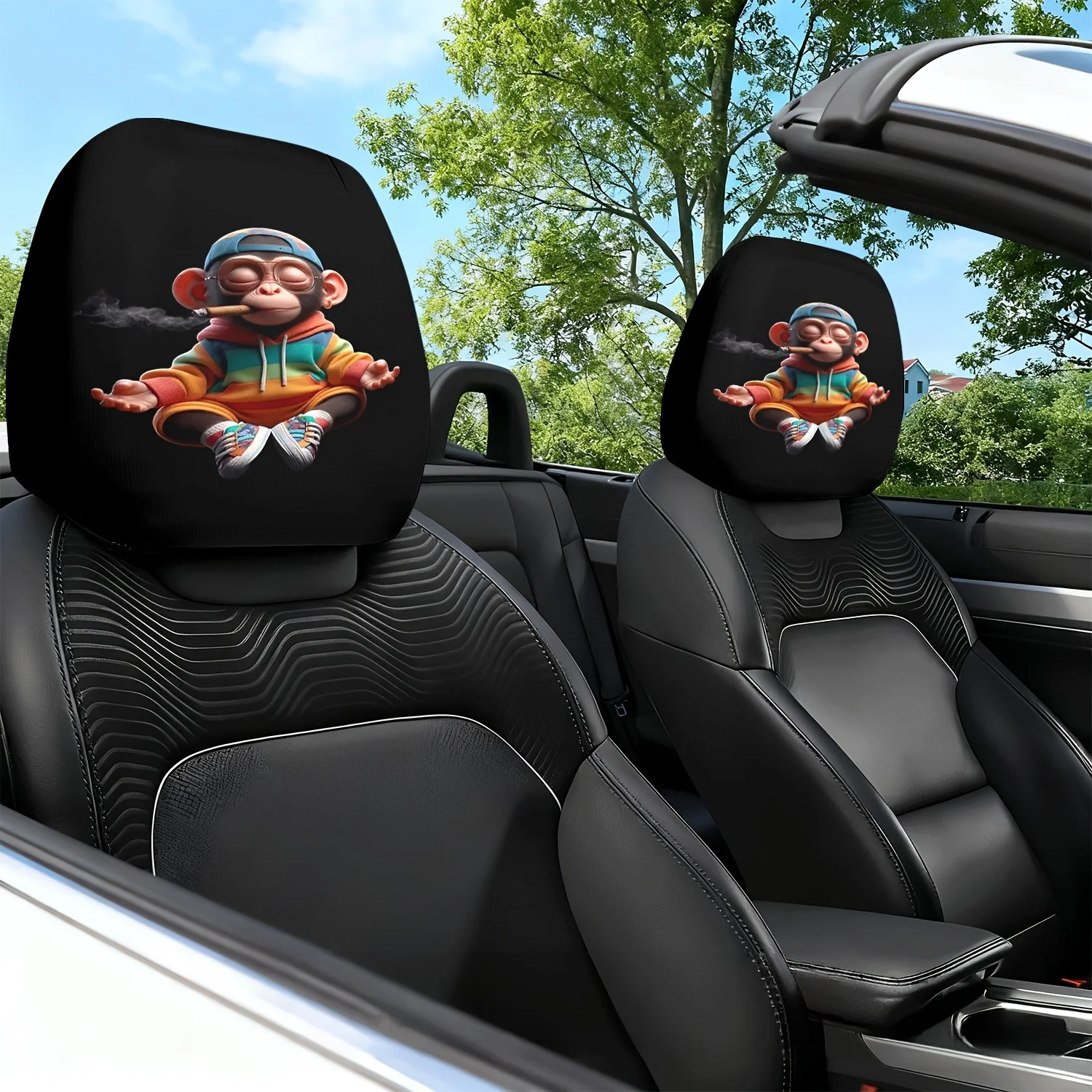 2pcs Funny Cool Monkey Meditation Print Car Seat Cushion Headrest Neck Pillow Cover - Cute Design - Car Interior Cushion Lumba