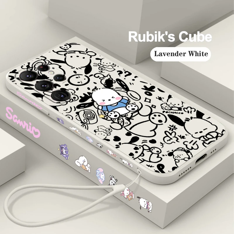 Kuromi Pachacco Sanrio Comic Liquid Left Rope For Samsung Galaxy S24 S23 S22 S21 S20 FE S10 Ultra Plus Lite 5G Cover Funda