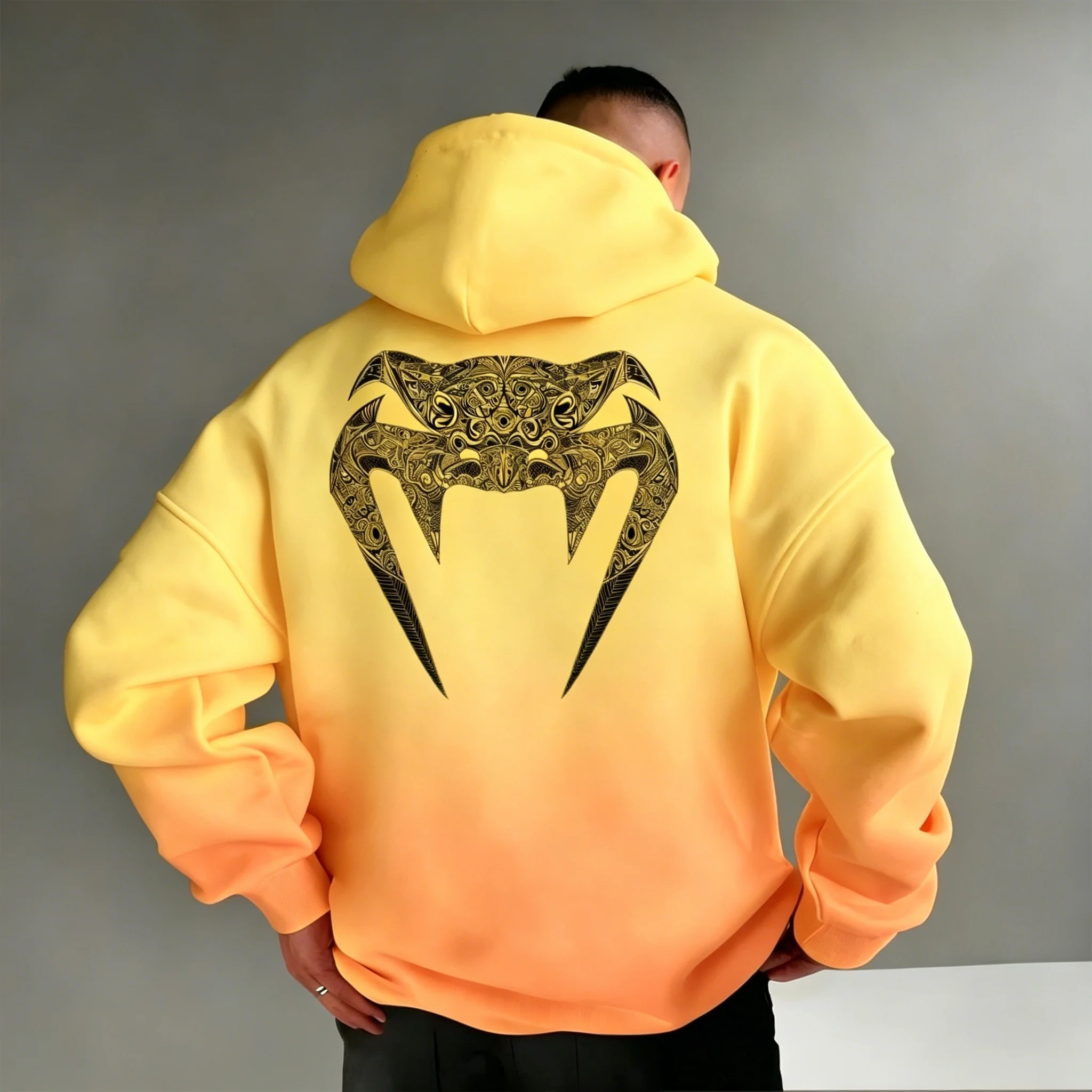 

Trendy Hoodie Unisex Loose Fit Back Totem Print Casual Streetwear Pullover Sweatshirt