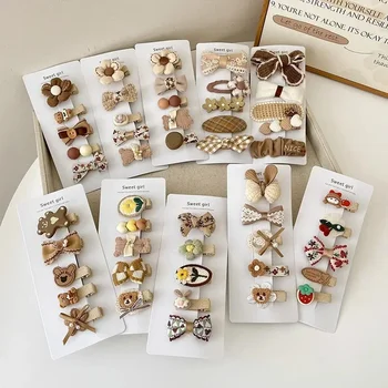 5 pçs/set doce crianças grampo de cabelo bege café cor série de pelúcia hairpin para criança outono inverno kawaii bowknot headwear para menina