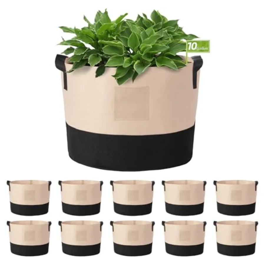 

Fabric Grow Bags, 10 Pack Heavy Duty Thickened Nonwoven Plant Grow Bags with Handles and Label Bags, Fabric Plant Pots for Grow