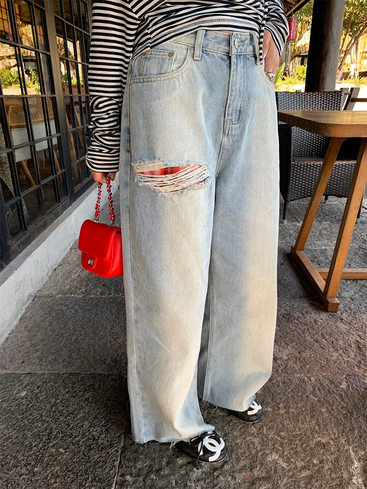 

Широкие джинсы с высокой талией, женские весенние модные рваные джинсовые брюки с рваными дырками, повседневные джинсовые брюки с зауженной талией, свободный крой, все сезоны