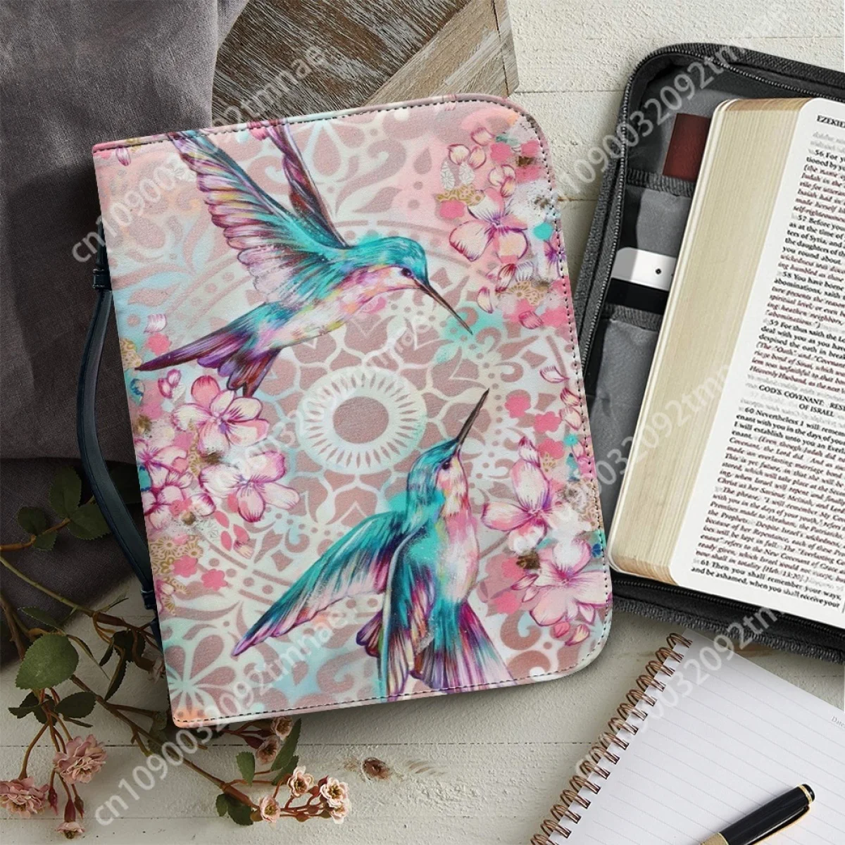 Trendy Floral Hummingbird Custom Bible Storage Bags for Women Leather Cover Case Zipper Handle Handbags Bible Carrying Case