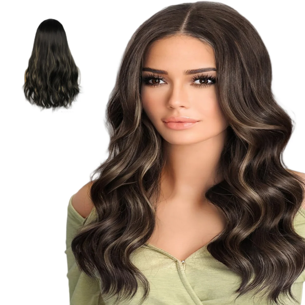 

Натуральный волнистый парик темно-коричневого цвета с блонд-оттенками и челкой, длинный волнистый женский очаровательный синтетический термостойкий парик.