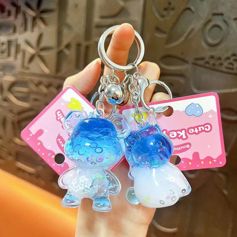 Cartoon Violent Bear Bottle Keychain Acrylic Floating Oil Liquid Unicorn Pentagram Key Chain for Friends Kids Birthday Gifts