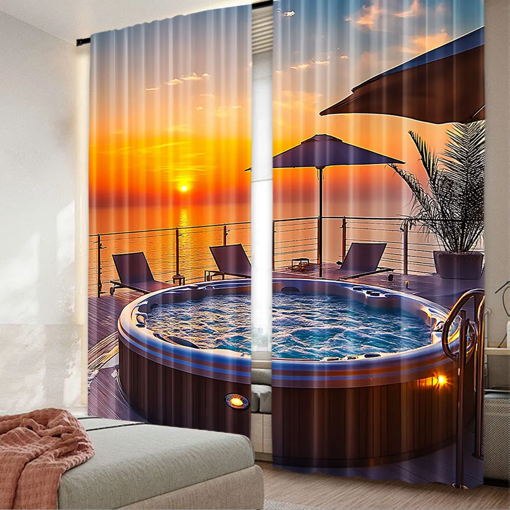 2Pcs Landscape Curtain Summer Time Resort Sea At Evening Caribbean Warm Tranquil Calm Relaxation For Bedroom Living Room Dining