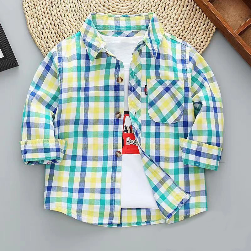 1-8Y Toddler Boys Shirt Spring Summer Cotton Plaid Printed Jacket Fashion Kids British Style Long Sleeve Shirt Children Clothing