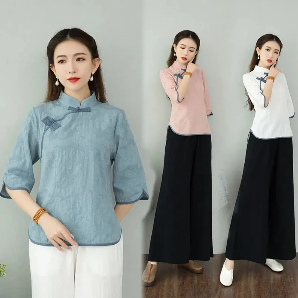 Spring Summer Vintage Linen Cotton Half Sleeve Top Chinese Style Hanfu Zen Ethnic Tea Clothing New Chinese Outwear