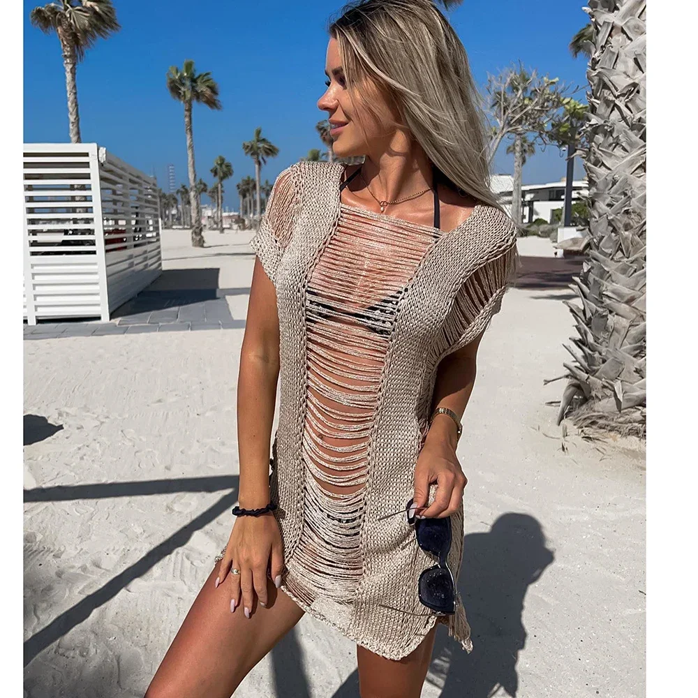 

2024 Crochet Cover Up Beach Sexy See Through Hollow Out Dress Women Summer Clothes Knitted Beachwear Bikini Cover-ups