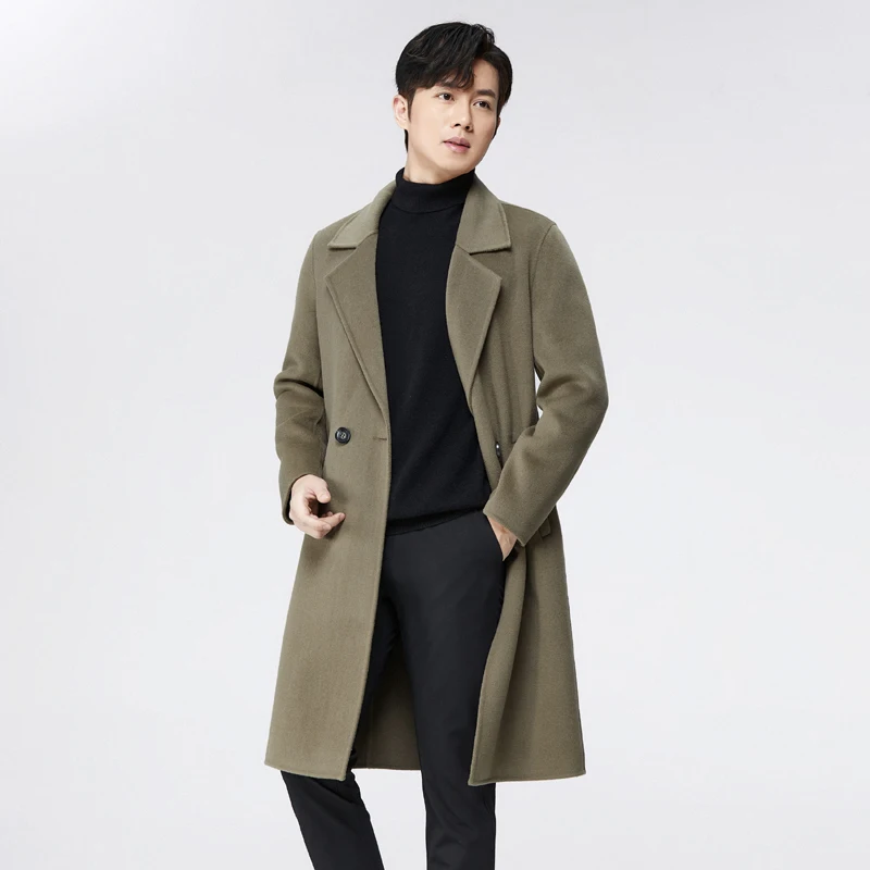 High End Long Men\'s 100% Pure Wool Suit Woolen Cardigan Jacket Autumn/ Winter New Woolen Business Double-sided Cashmere Coat