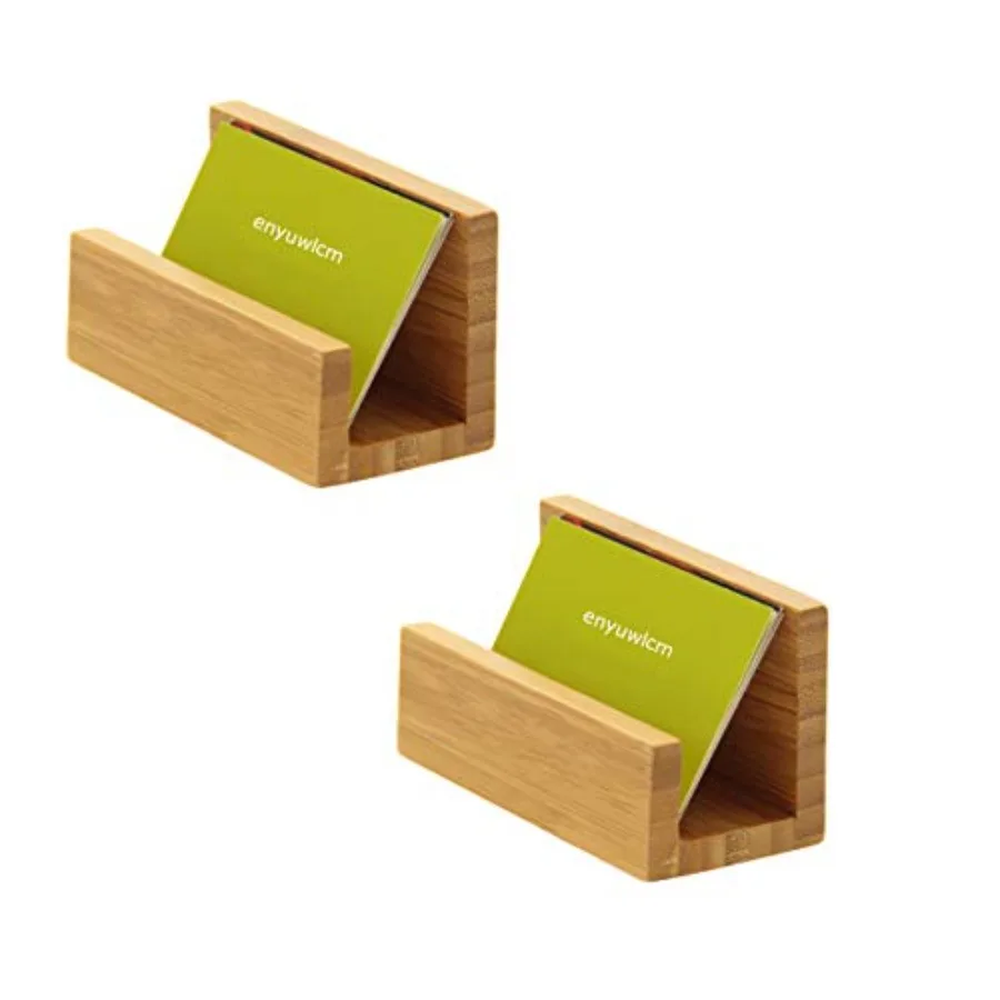 2 Pack Bamboo Wood Desktop Business Card Holder Display for Desk Sturdy Business Card Stand for Office Tabletop Counter Organiz