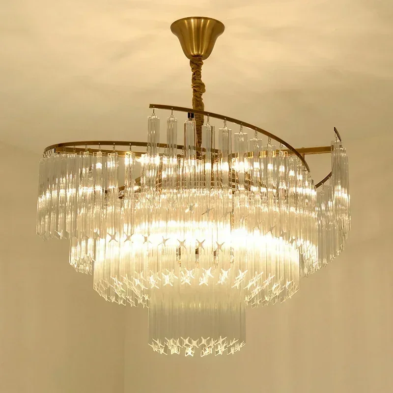 Mid Century Crystal Led Lights Luxury Villa Lobby Hanging Lamps Vintage Circular Pendant Chandeliers For Room Lustre Home Decor