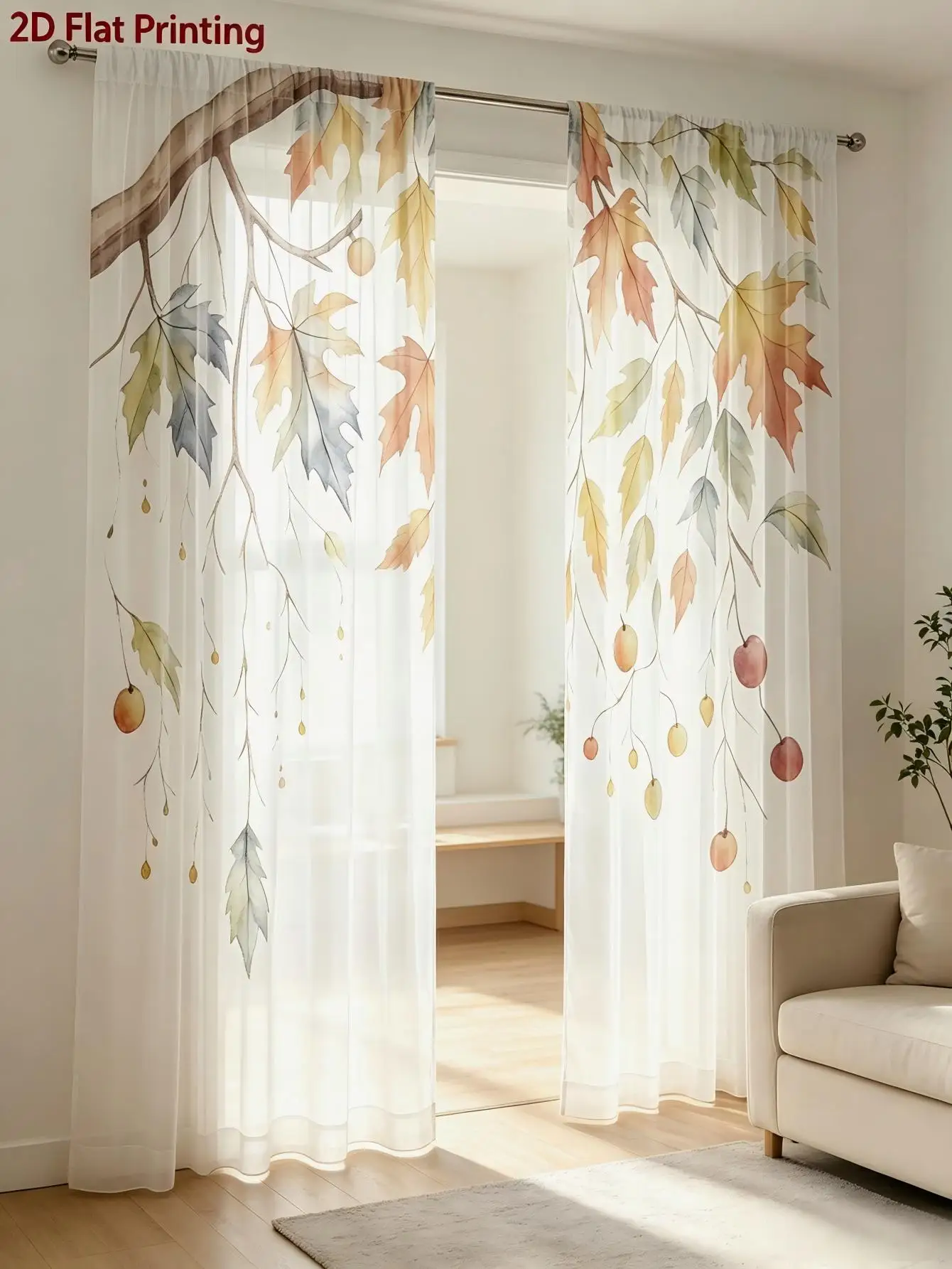 2PCS Digital Print Sheer Curtain, Watercolor Hanging Maple Leaf Fall Autumn Window Drapes for Living Room Bedroom Home Decor