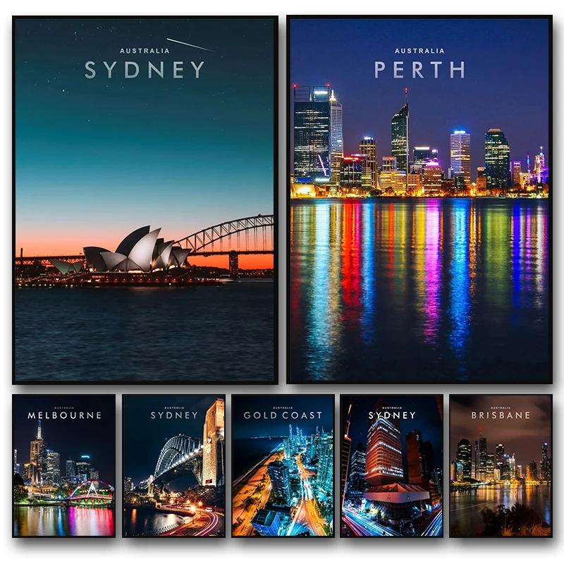 Póster de escena nocturna de ciudad moderna, Melbourne, Sydney, Perth, Australia, pintura en lienzo de viaje, imagen artística de pared para decoración para sala de estar