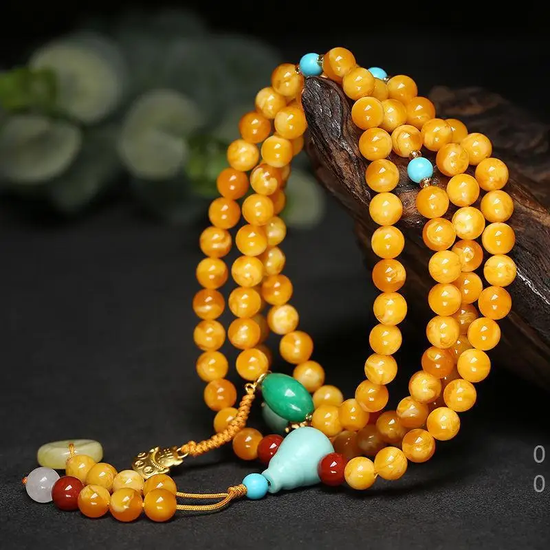  Amber-colored chicken oil yellow 108-bead bracelet, multi-strand necklace natural old beeswax beads Buddhist prayer