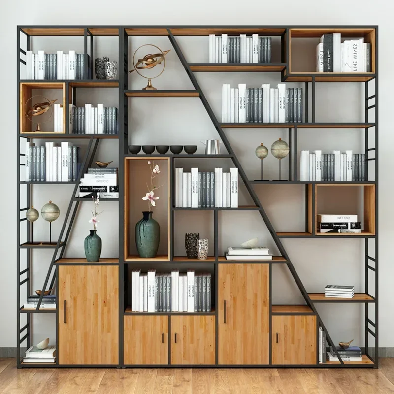 American wrought iron solid wood bookcase floor storage bookshelf partition study industrial style locker