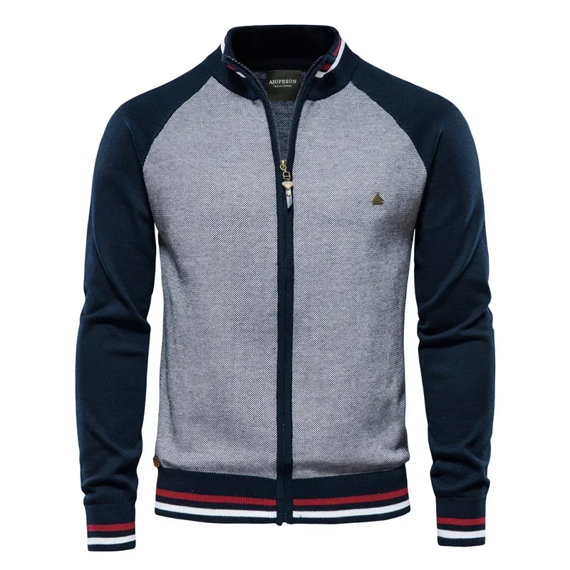 

2026 Men Sweaters Long Sleeve Cardigan Patchwork Stand Collar Pockets Casual Loose Fit Jumpers Slight Strech Striped Knitted