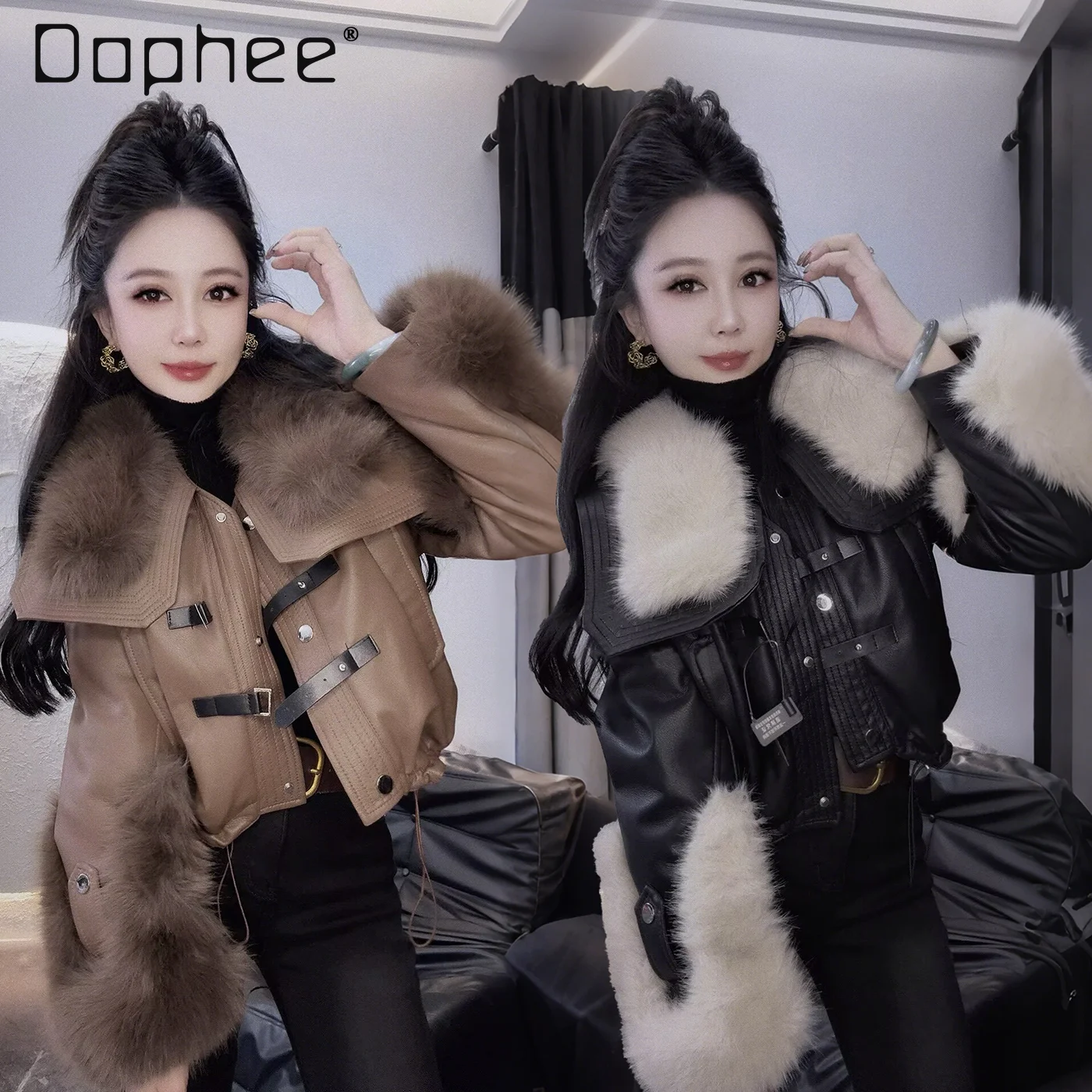 

2025 Winter New Fashion PU Leather Short Down Jacket for Women Thickened Warm Large Fur Collar Parka Jacket Trendy Hot Girl Coat