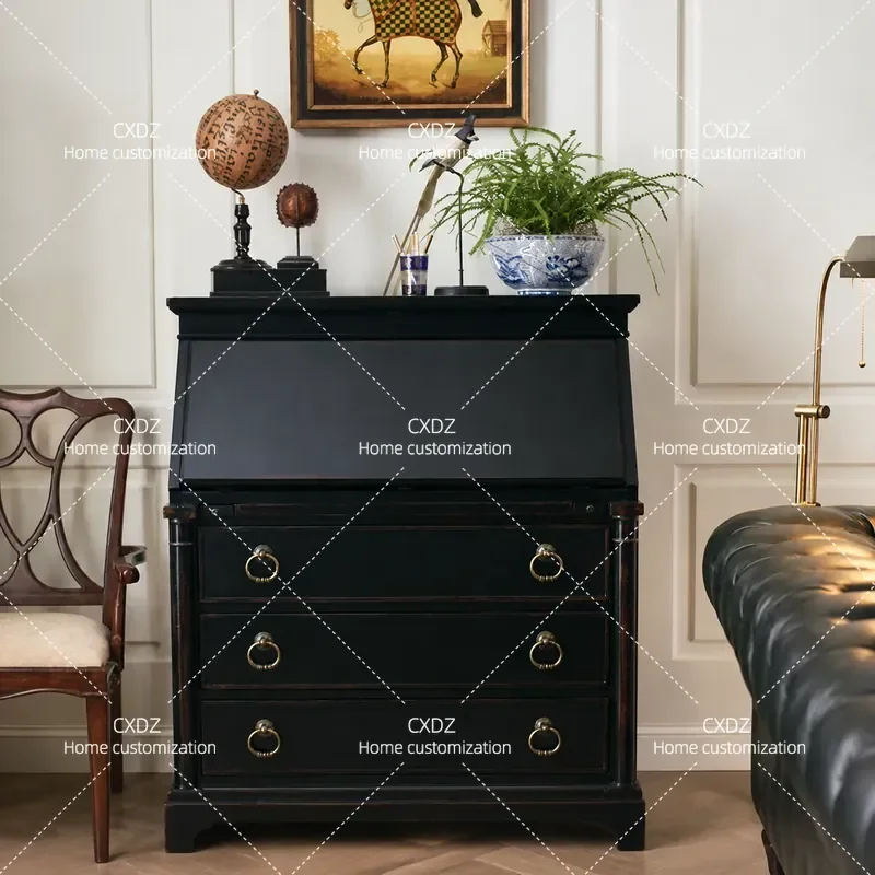 Retro Solid Wood Chest of Drawers Neoclassical Bedroom Storage Cabinet Multi-functional Dresser with Integrated Drawer