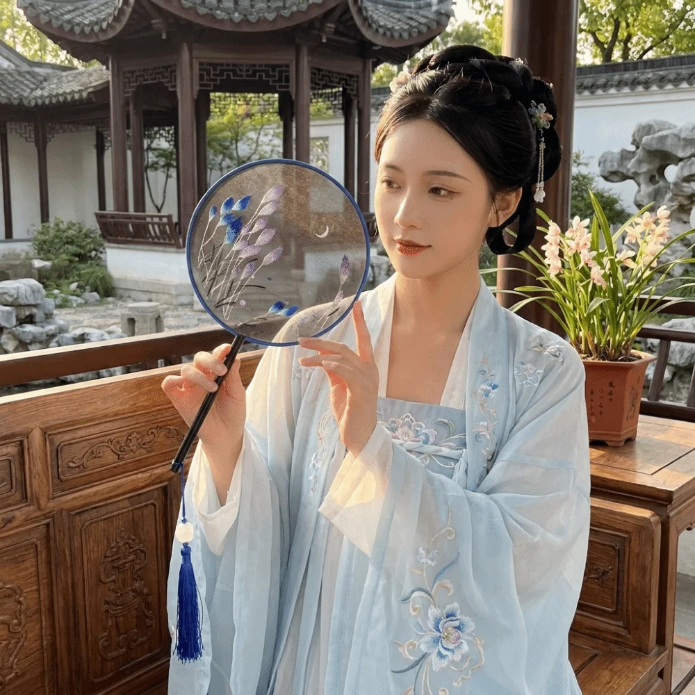Wooden Handle Double Sided Embroidery Fan Handheld with Tassel Chinese Style Fan Flower Pattern Embroidered Silk Fan