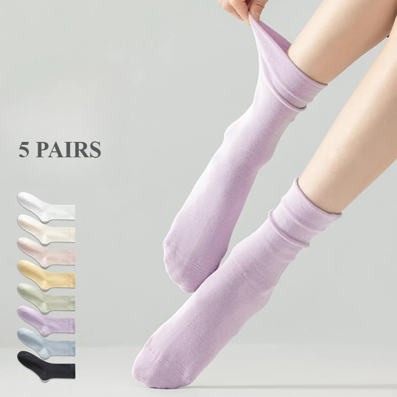 5 Pairs Women Socks High Quality Cotton Summer Socks Ladies Seamless Loose Middle Tube Soft Crew Socks