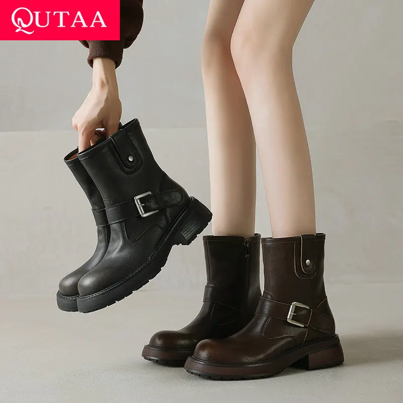 

QUTAA 2026 Fashion Women Ankle Boots Autumn Cow leather Shoes Mid Heels Square Toe Buckles Winter Short Motorcycle Boots 34-40