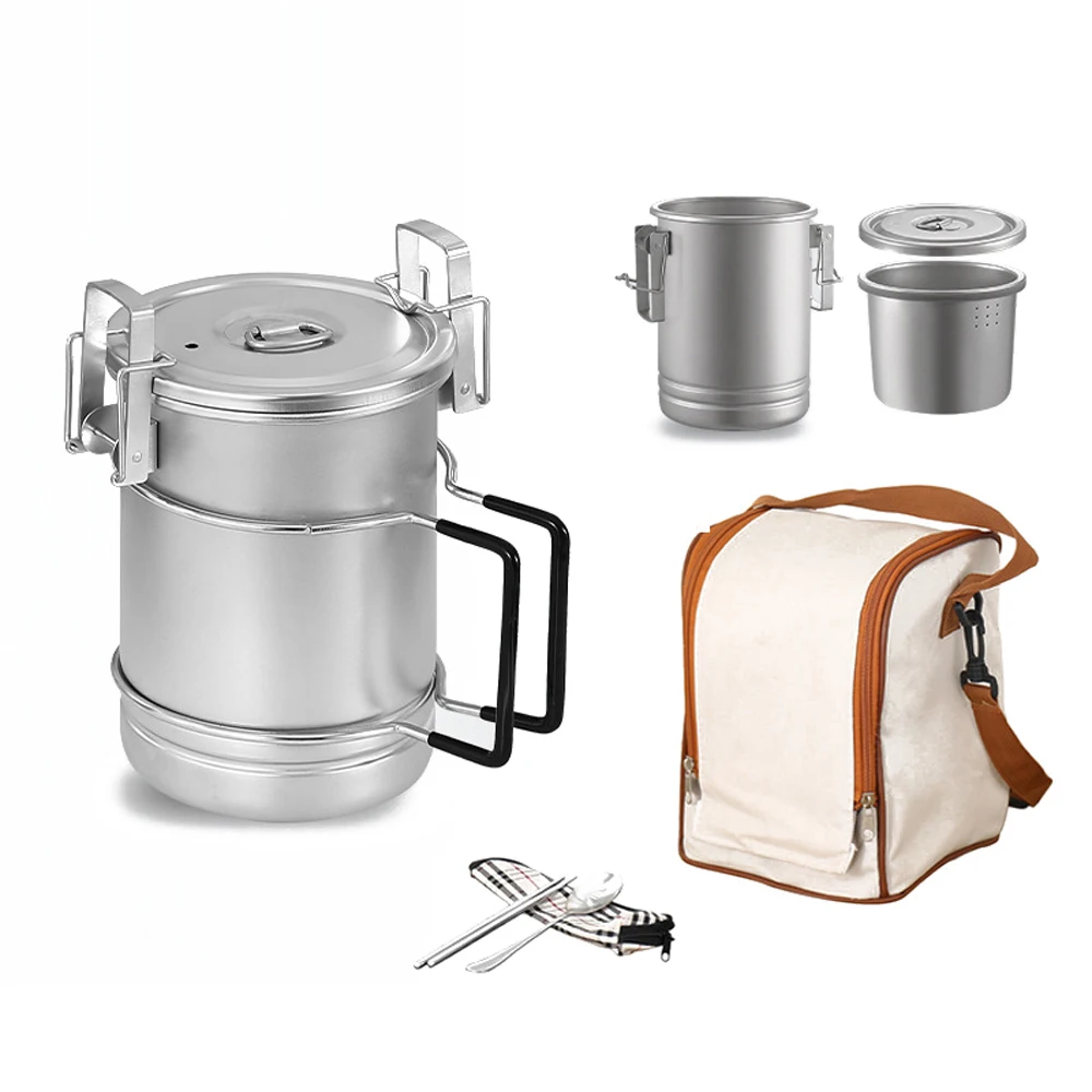 Portable 304 Stainless Steel Camping Cooking Pot Large Capacity Multi-functional Steaming Pot with Removable Handle