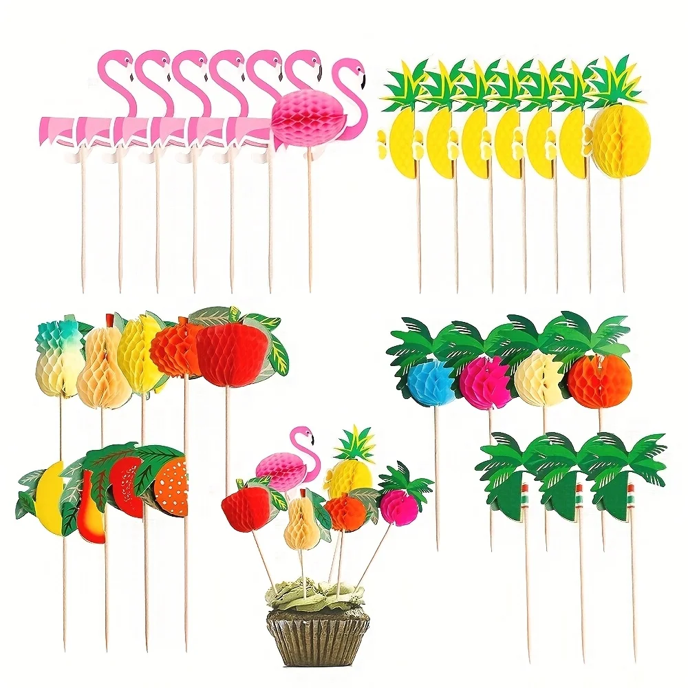 60pcs Roostertail Picks Hawaiian Fruit Sticks, Tropical-Themed Bamboo Skewers with Flamingo, Pineapple, Coconut Tree picks
