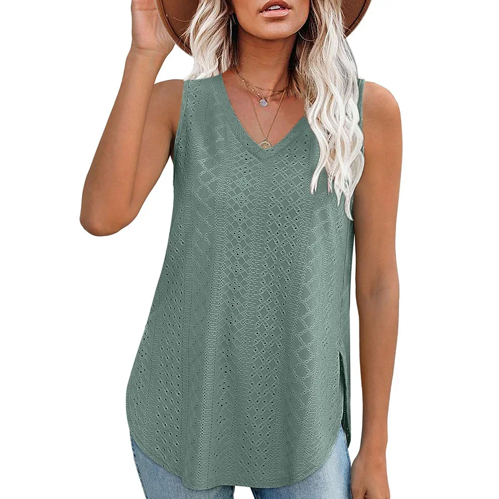 Casual Summer Hollow Out V Neck Sleeveless Blouses for Women Fashion Elegant Loose Tank Tops for Women Solid Pullover Tunic