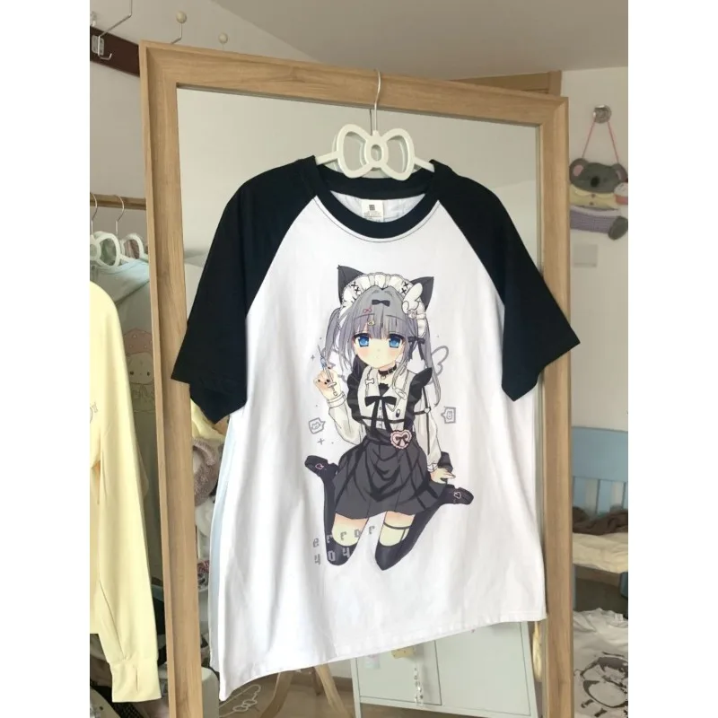 Harajuku camiseta de manga curta feminina, tops estampados de anime, retalhos soltos, preto e branco, casual japonês sweet tees, subcultura, Y2K, harajuku