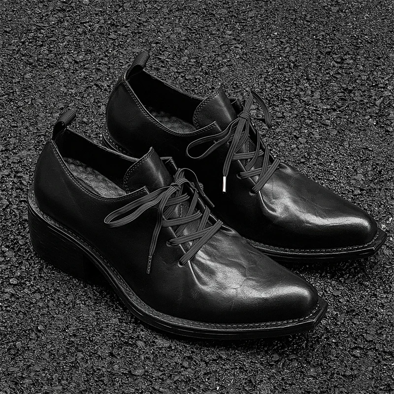 Pointed Couple High Heels Men Style Design Sense Niche Runway Model Casual Height Increasing Black Derby Shoes