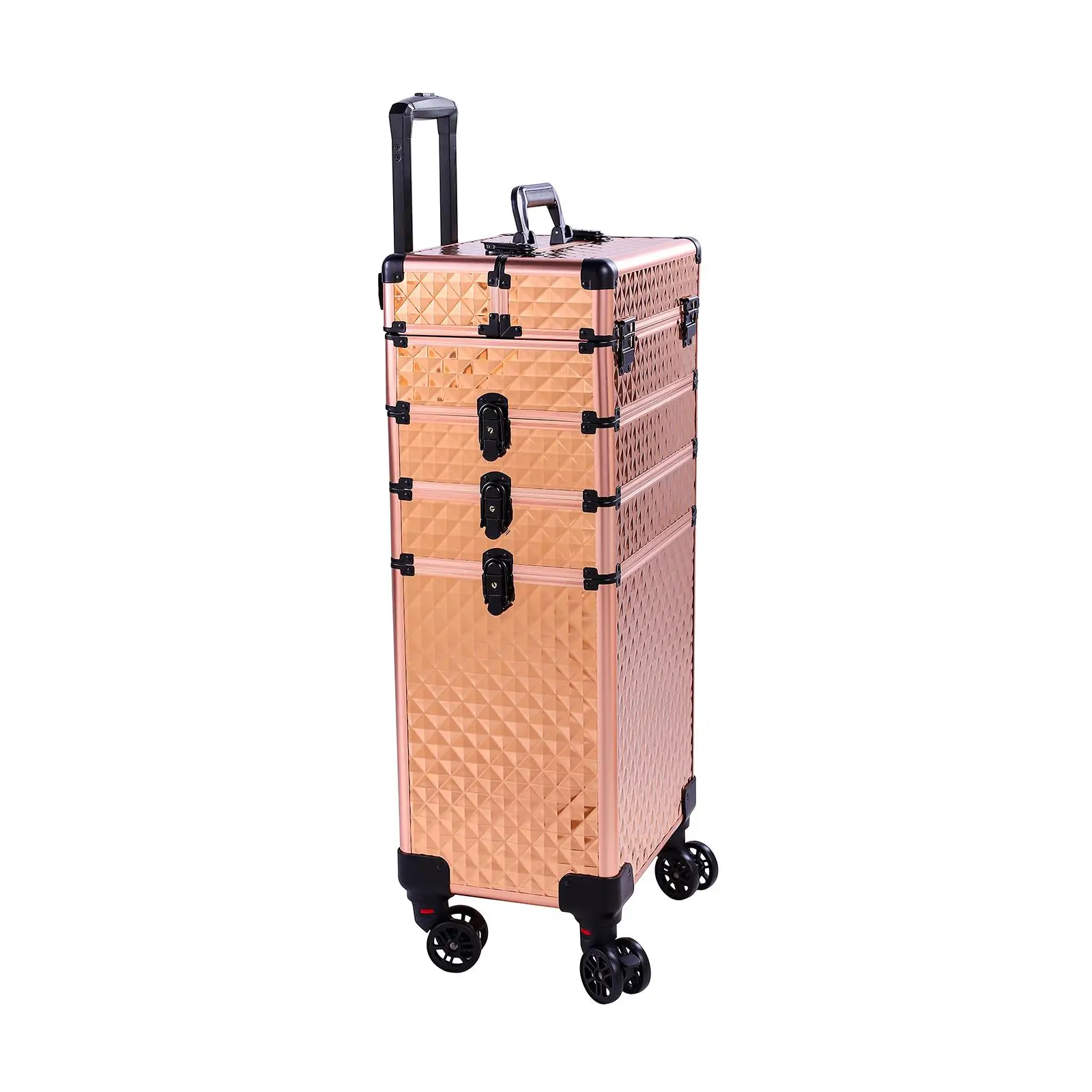 4-in-1 Interchangeable Aluminum Rolling Makeup Case - Stylish Draw-bar Design in Rose Gold