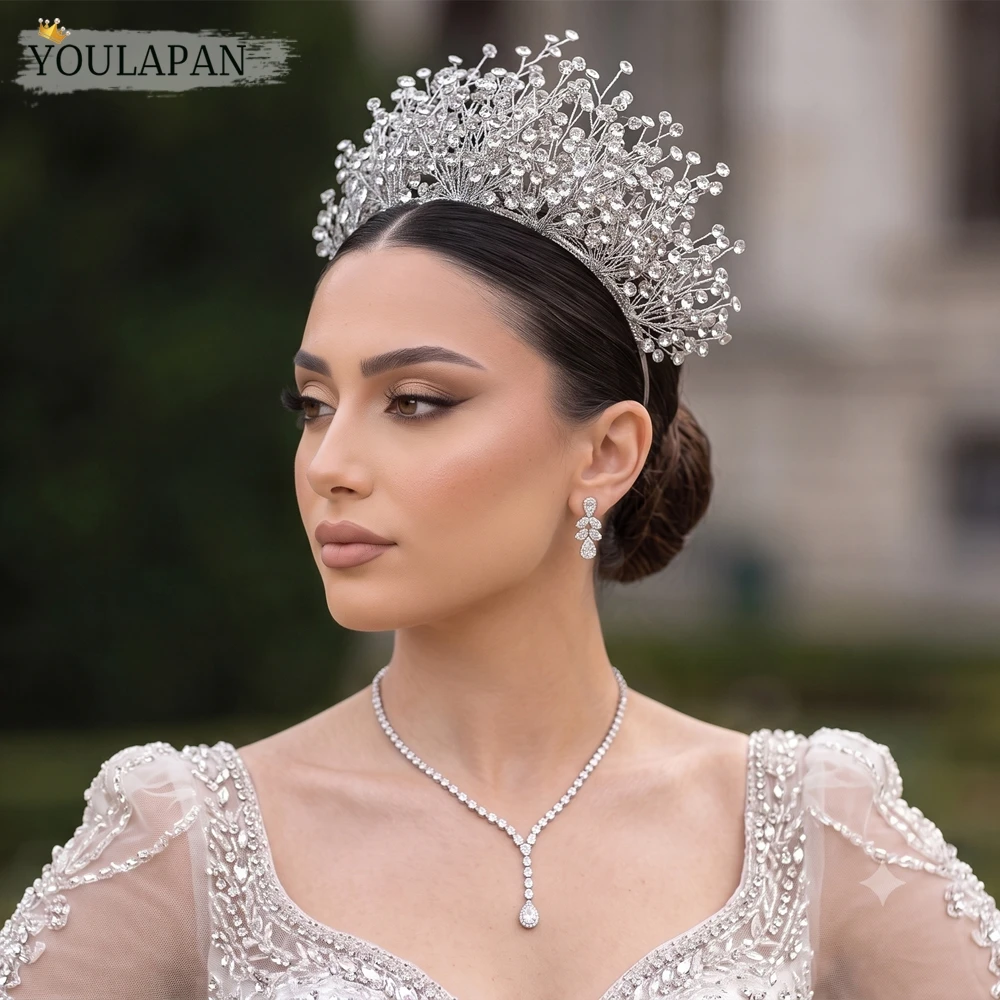 YouLaPan Luxury Handmade Sparkling Crystal Tiara Headband Set Silver Rhinestone Bridal Hair Jewelry For Wedding Banquet A234