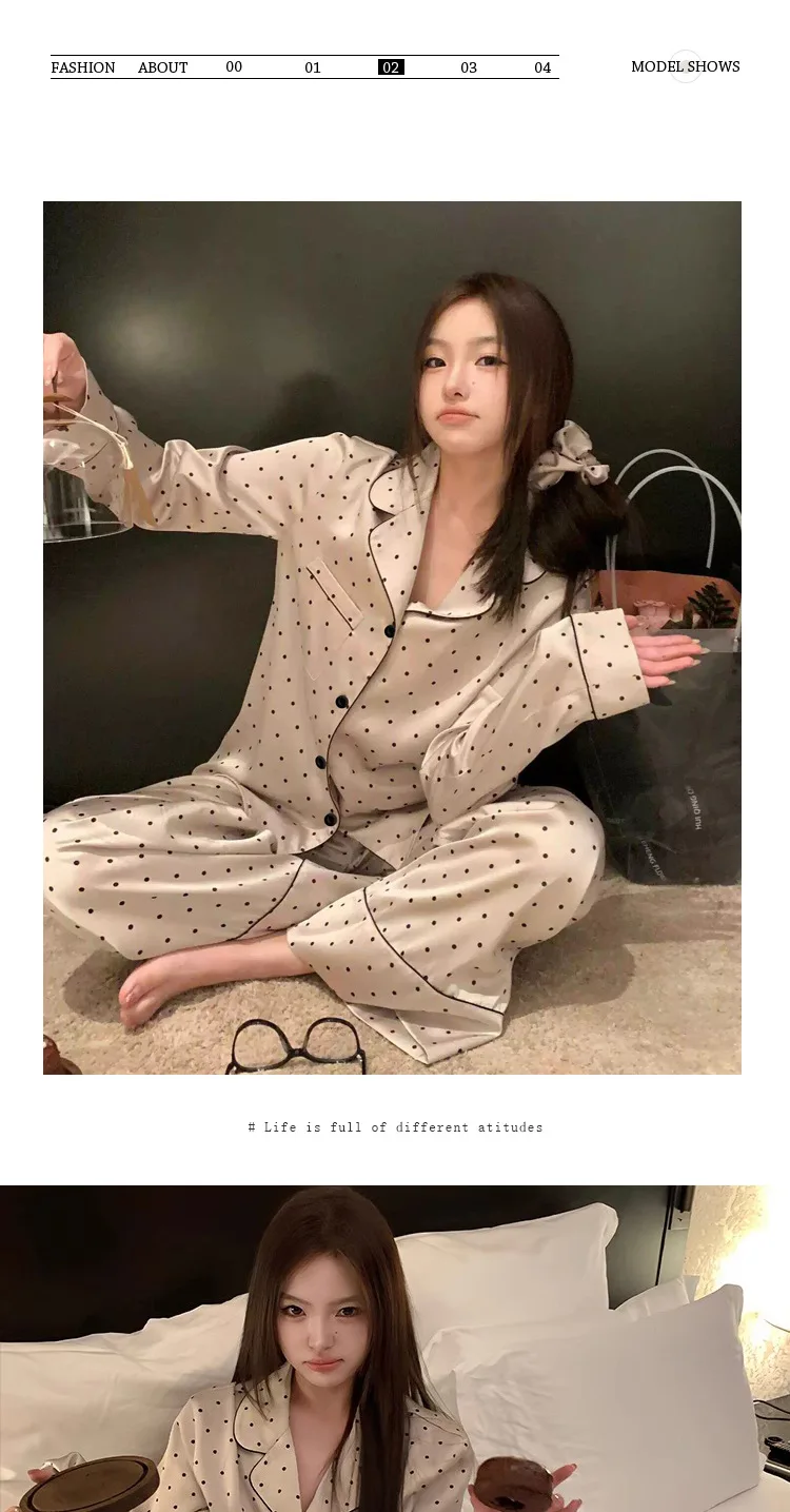 French High Sense of Nachtwäsche Damen Frühling und Herbst Neuer einfacher Polka Dot Langarm Lange Hosen Eisseide Homewear Mode Anzug – Detail 5