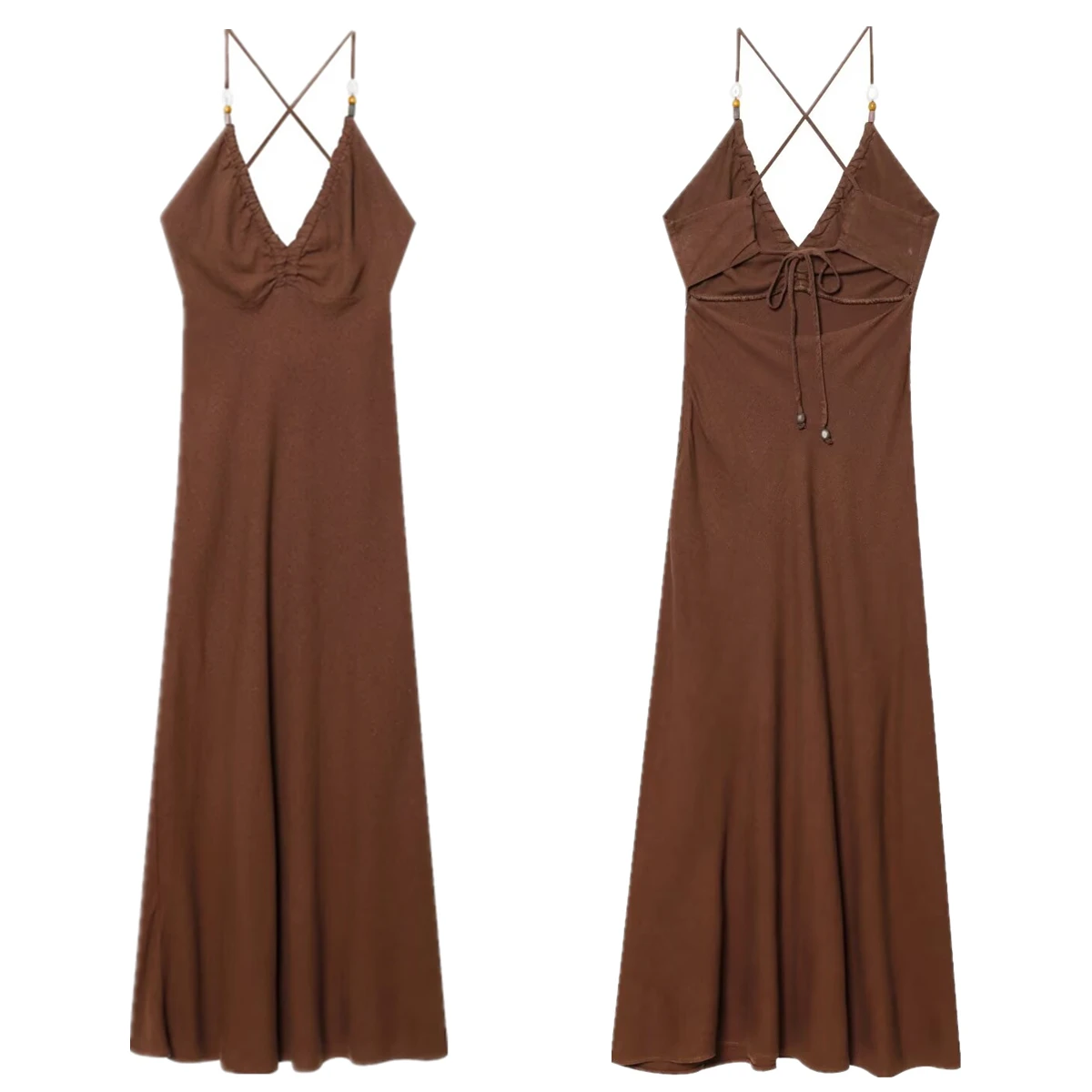 

Jenny&Dave Bohemian Beaded Cotton And Linen Suspender Dress Women Minimalist Brown Elegant Midi Summer Dress