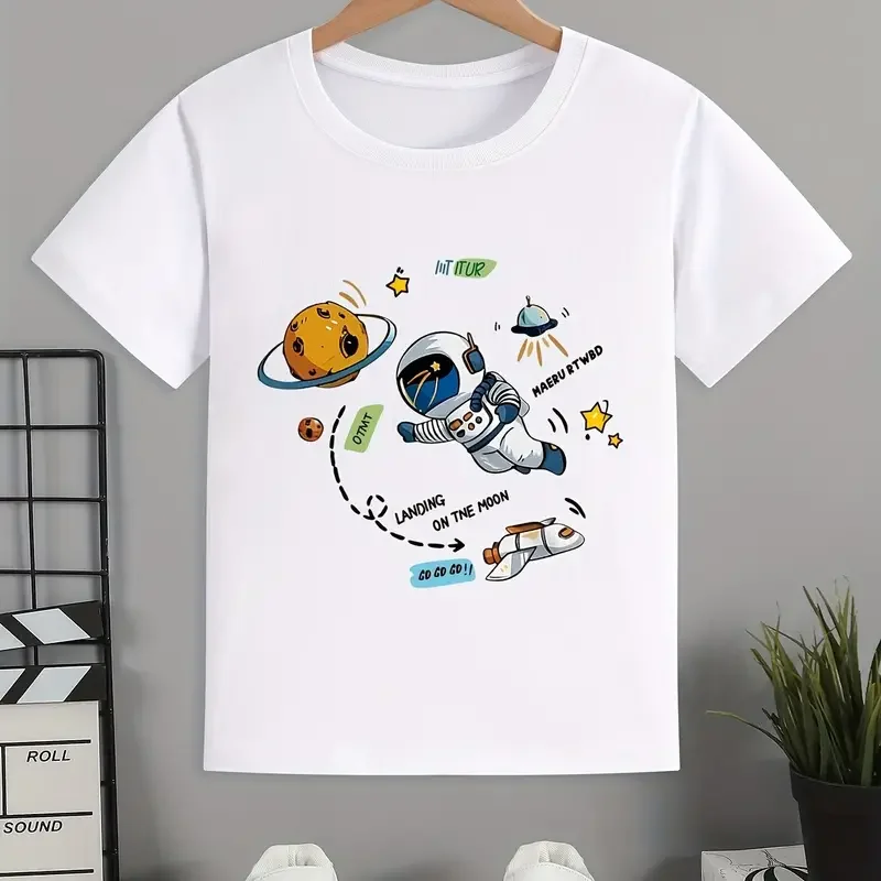 Cartoon Space Astronaut Print T-Shirts For Boys - Cool  And Comfy cotton Trendy Short Sleeve Summer Clothes