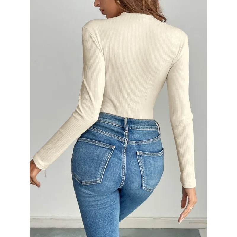 Women's White Ribbed Bodysuit Long Sleeve Crew Neck Side Button Slim Fit Casual Daily Top