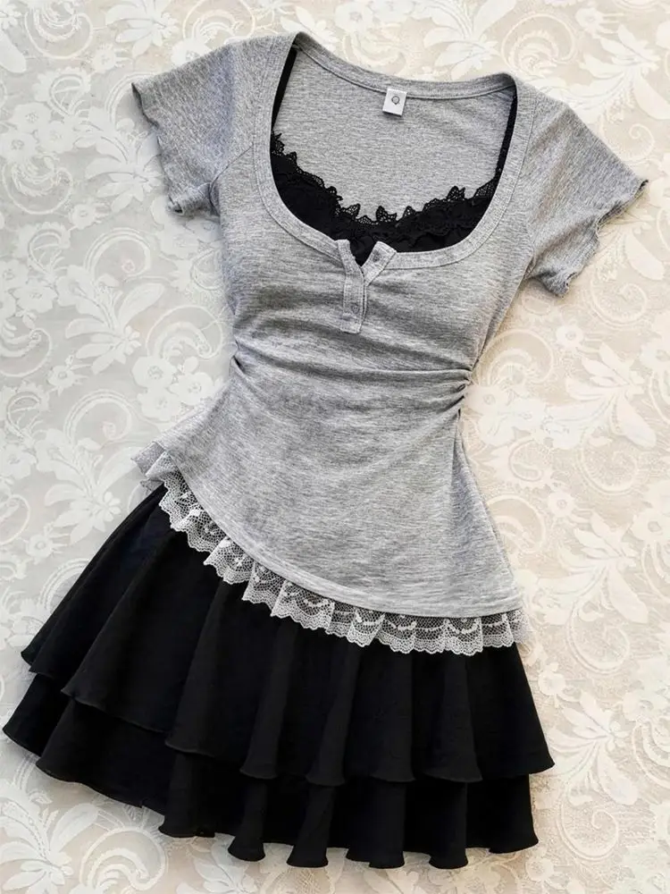 Women's Patchwork Lace Irregular Short Sleeve Tshirts Tunic Sling Dress Outfits Fashion Sweet Summer Outfits