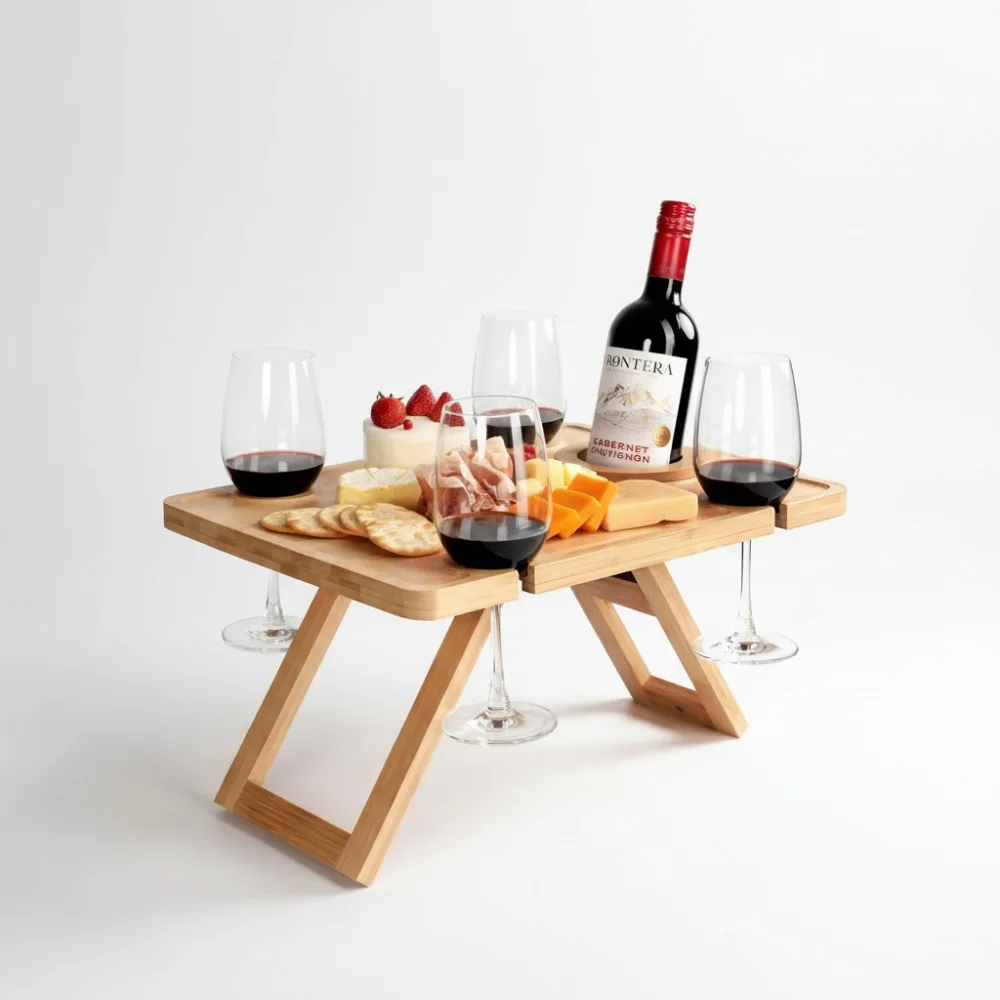 

Portable Folding Wine Picnic Table with Glass Holder, Bamboo Snack Tray for Outdoor & Indoor Use
